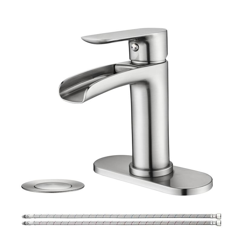 Waterfall Bathroom Faucet Single Handle Bathroom Sink Faucets 1 or 3 Hole Solid Vanity Faucet with Deck Plate & Overflow Pop - Brushed Nickel