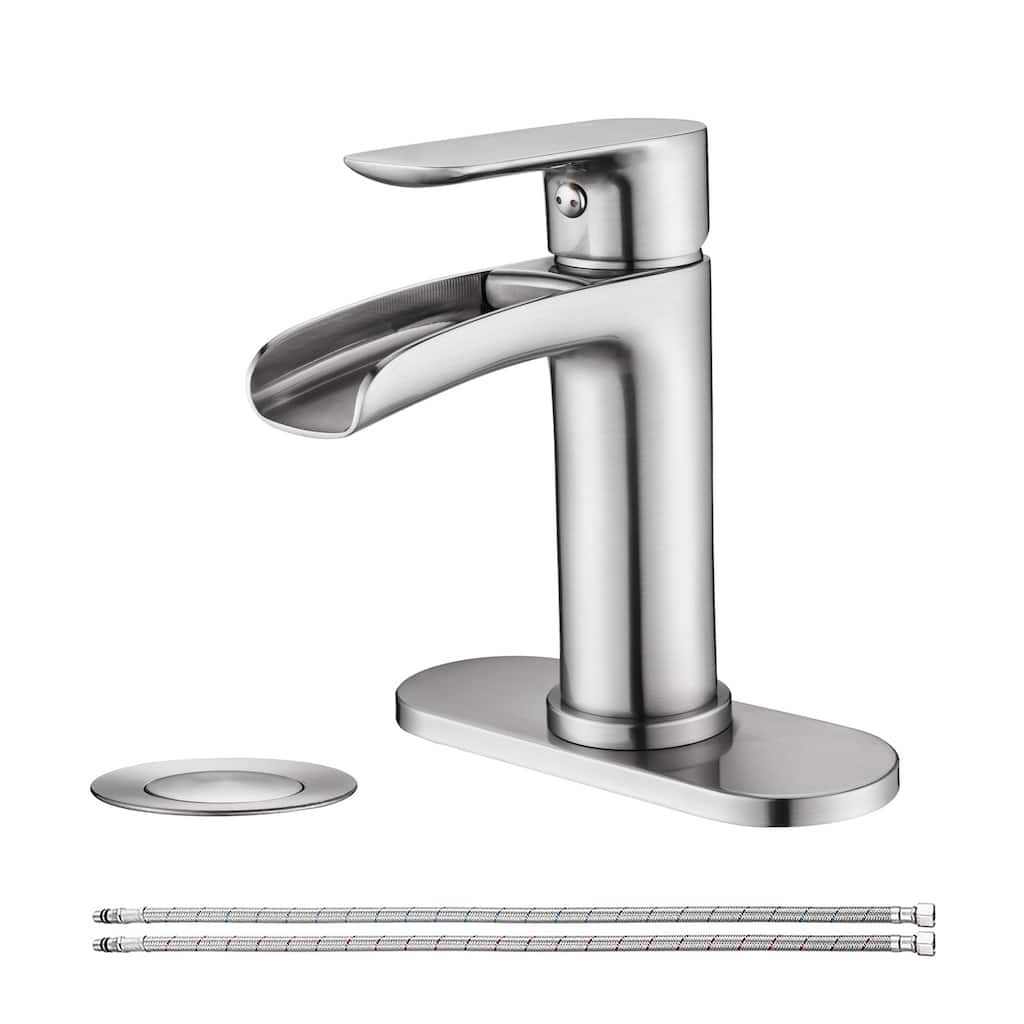 Waterfall Bathroom Faucet Single Handle Bathroom Sink Faucets 1 or 3 Hole Solid Vanity Faucet with Deck Plate & Overflow Pop