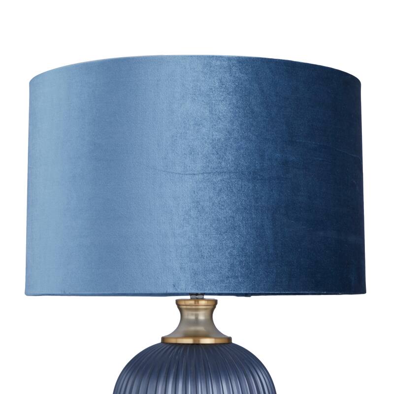 Blue Fabric Ribbed Table Lamp with Velvet Shade and Gold Accents