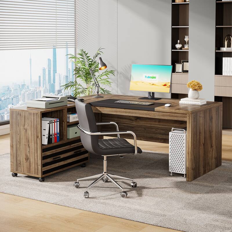 62.2" Executive Desk with Mobile File Cabinet, L-Shaped Office Desk for Home Office