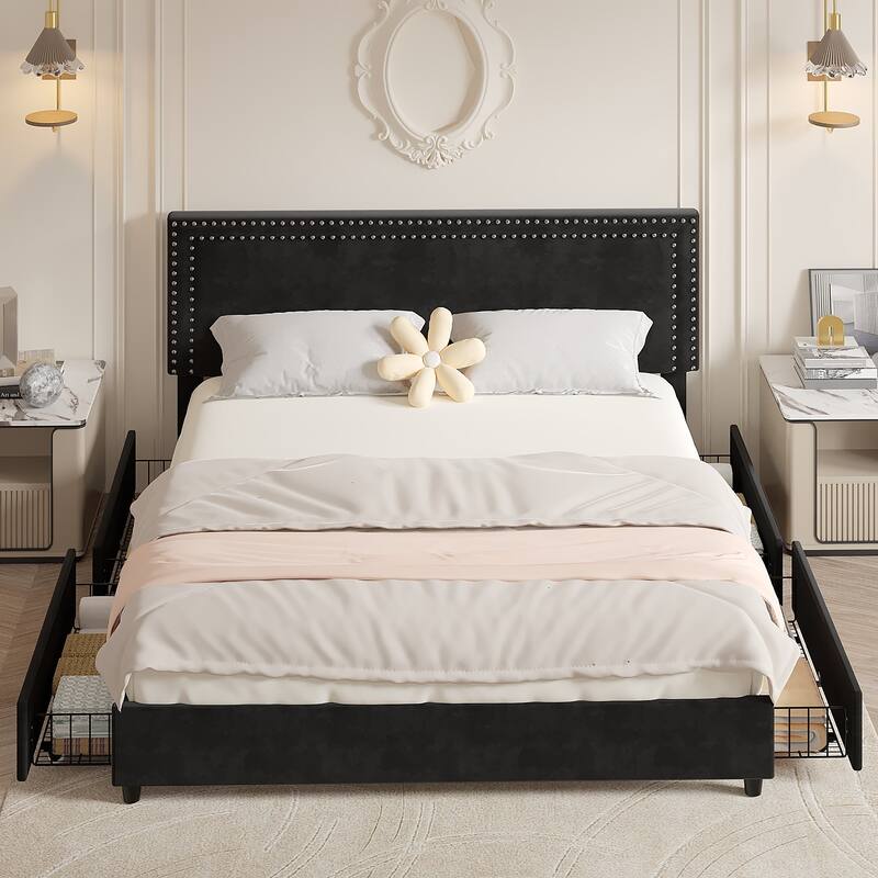 VECELO Upholstered Storage Bed Frames with 4 Storage Drawers, Platform Bed Frame with Adjustable Velvet Rivets Headboard