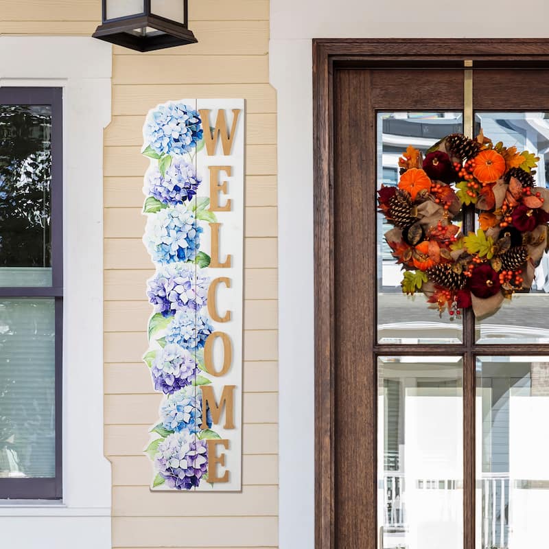 Glitzhome 42"H Solid Wood WELCOME Porch Sign with Bee Outdoor Decor - Porch Sign with Hydrangea