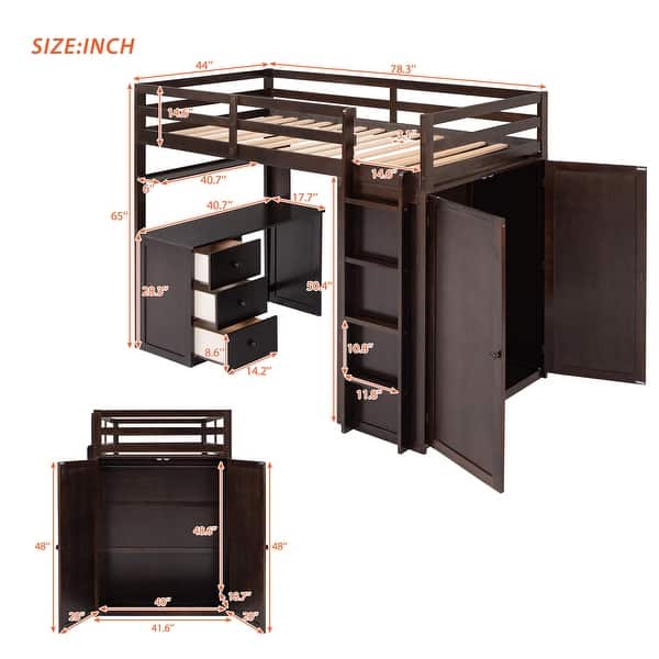 dimension image slide 0 of 6, Twin/Full Size High Loft Bed with Built-in Desk and Wardrobe, Wooden Loftbed Bedframe with 3 Drawers, for Kids, Teens, Adults