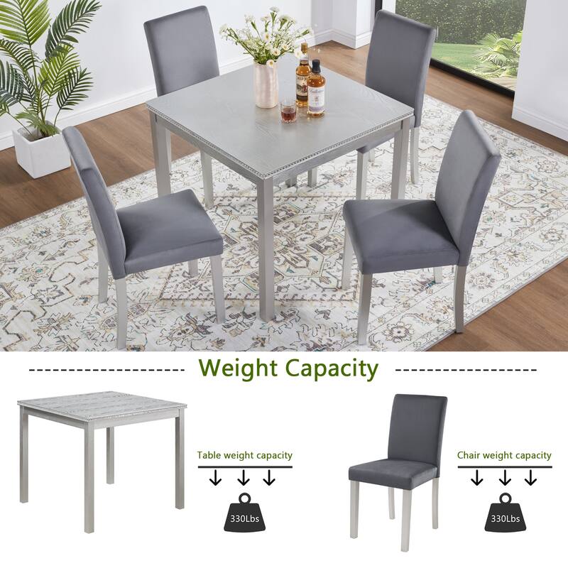Modern Counter Height Table Set with 1 Square Table, 4 Upholstered Chairs and Crystal Accents, for Dining Rooms, 5-Piece