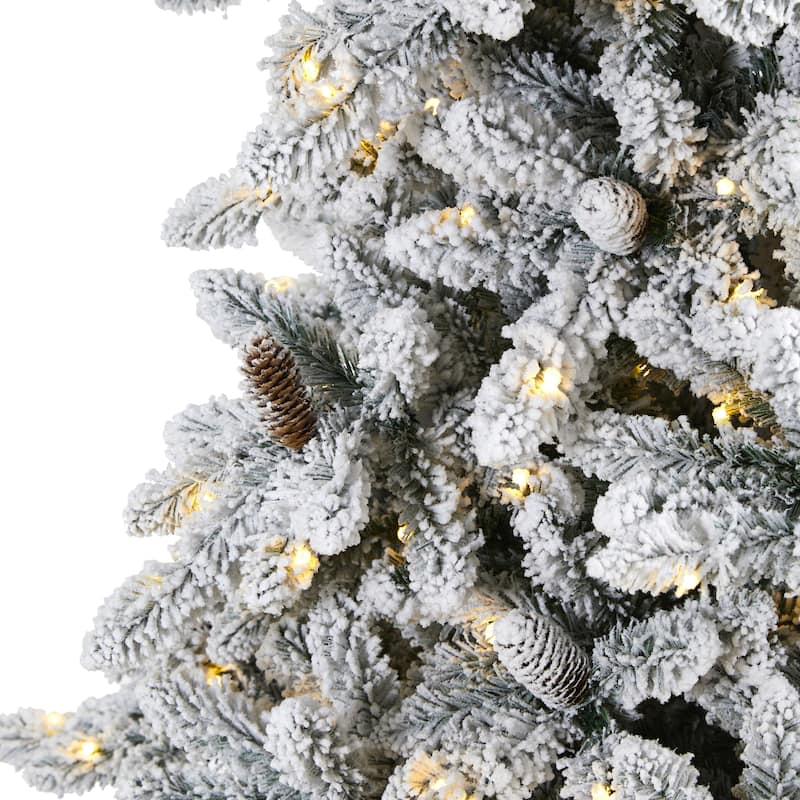 9’ Pre-Lit Flocked Livingston Fir and Cones Artificial Christmas Tree, Warm Clear LED Lights - 9 Foot