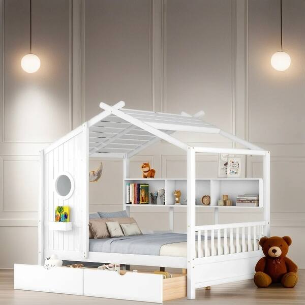 slide 2 of 9, Wooden Full Size Kids Bed with Storage Shelf House Bed with 2 Drawers, White White