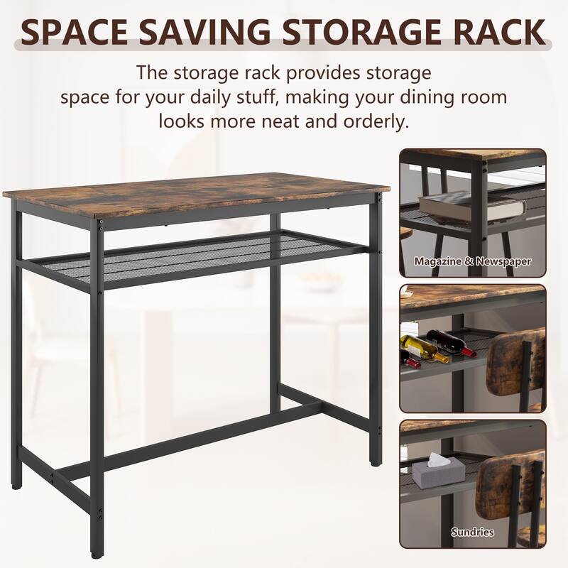 5-Piece Industrial Dining Table Set with Metal Shelf, 4 Bar Stools