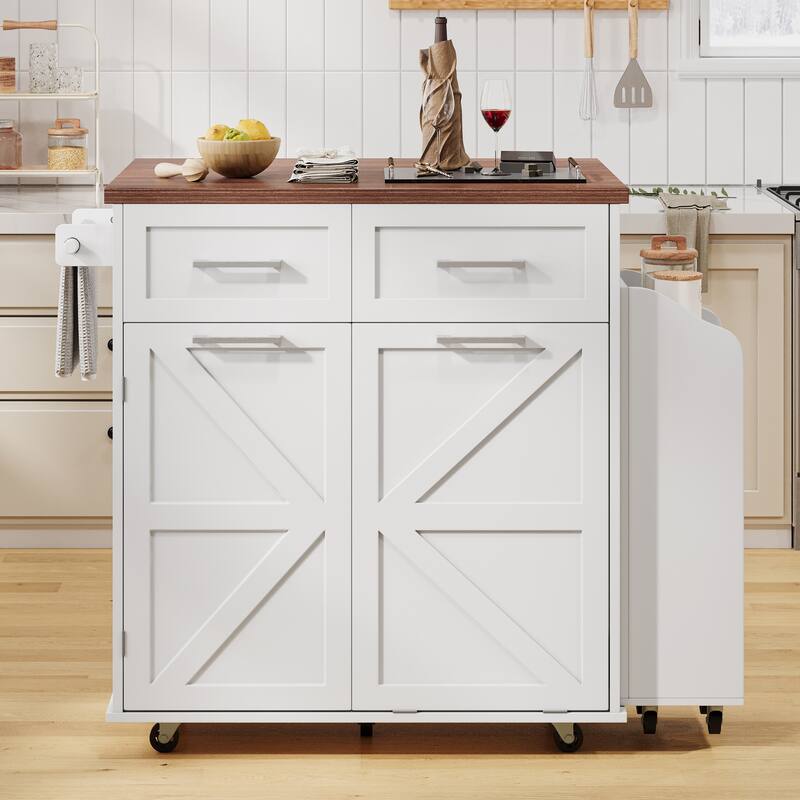 Roomfitters 47.2" Farmhouse Kitchen Island with Drop Leaf, Tilt Trash Can Cabinet, Removable Mobile Side Racks - White