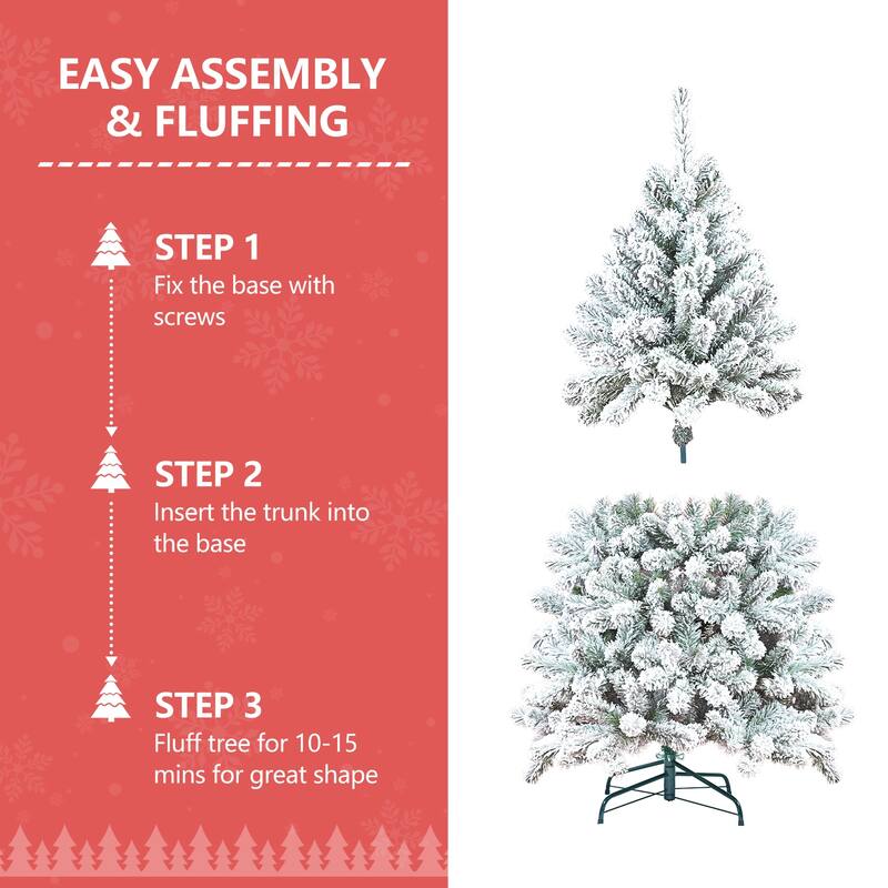 5FT Flocked Christmas Tree with Pine Cones-Snowy PVC Artificial Holiday Tree,600 Tips,27 Natural Pinecones,Sturdy Metal Stand