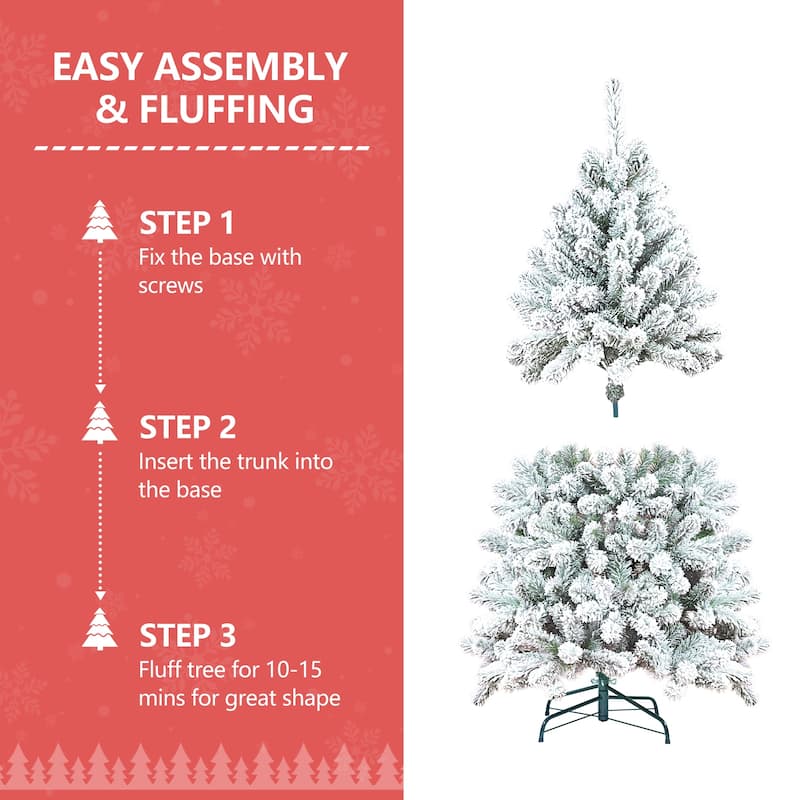 Flocked Artificial Christmas Tree - Snowy PVC Branches, Pine Cones, Metal Stand, Full Shape - Green,White
