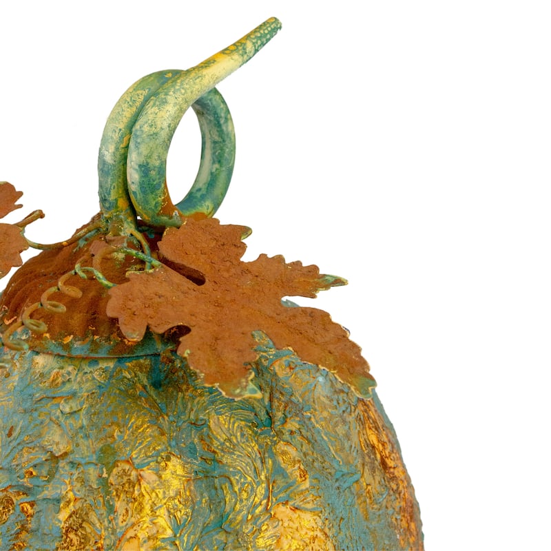 13" Autumn Harvest Pumpkin Metal Decoration - Orange and Green