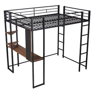 Clean Design Full Size Metal Loft Bed with 2 Shelves and one Desk