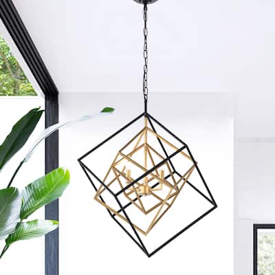 3-light Goldtone/Matte Black Nested Cube Frames Chandelier
