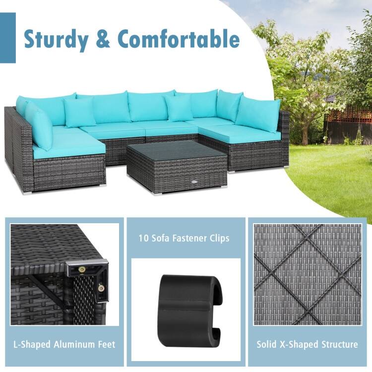 Patio Rattan Furniture Set Sectional Sofa Garden Cushion - 7 Pieces - Armless Sofa: 29" x 25.5" x 24"