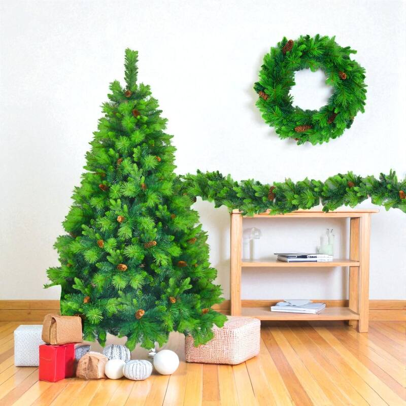 6ft Pre-Lit Green Christmas Tree Set with Garland and Wreath, 430 LED Lights and Pine Cones Holiday Décor
