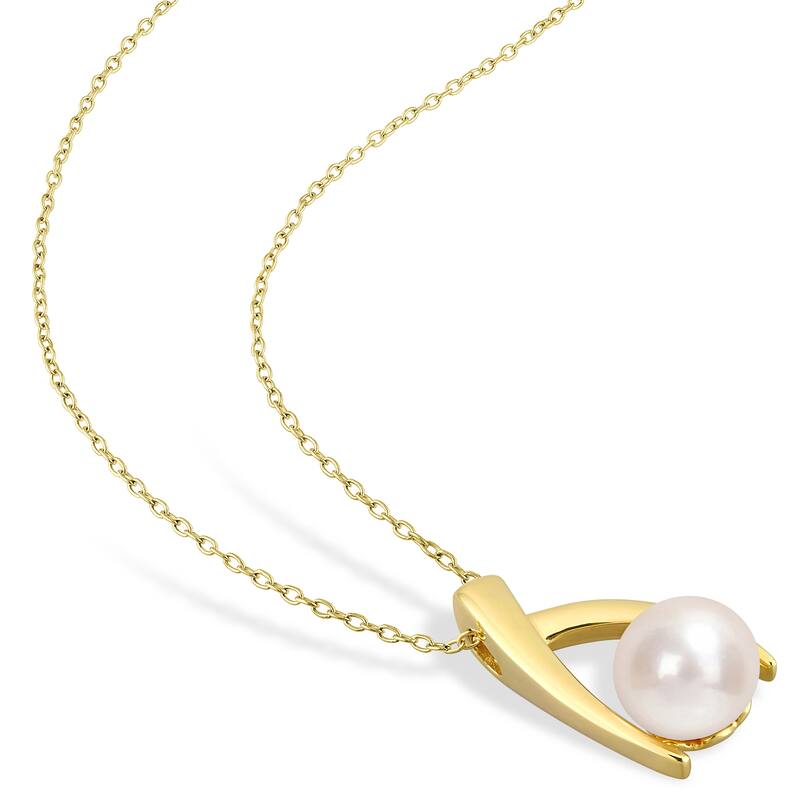 Miadora 9-9.5mm White Freshwater Cultured Pearl Fashion Pendant with Chain Yellow Silver 18KY Micron Plated