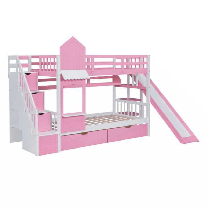 Twin-Over-Twin Castle Style Bunk Bed with 2 Drawers 3 Shelves and Slide