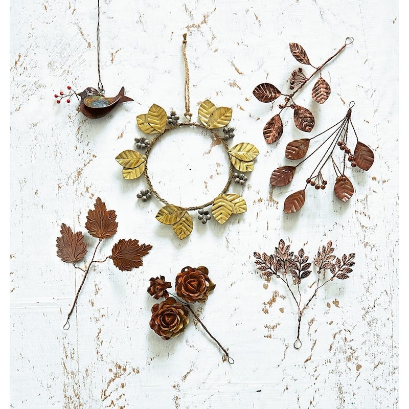 Handcrafted Metal Leaves & Berries Decorative Sculptures - Multicolor Botanical Christmas Decor, 3"L x 0.25"W x 6.7"H