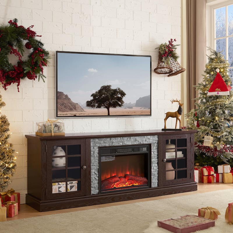 Fireplace TV Stand with 23" Electric Fireplace, Faux Stacked Stone Surround Media Cabinet TV Console for TVs up to 75" - Cherry