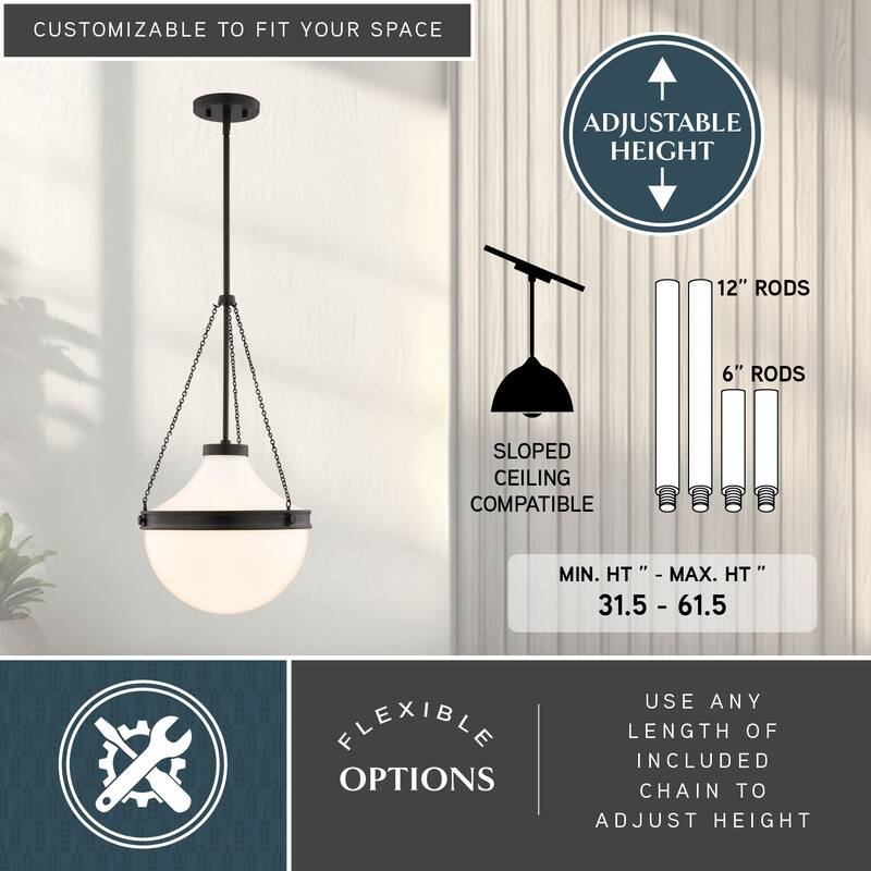 VAXCEL Lincoln 1-Light 12.75 in. Wide Globe Mini Pendant with White Milk Glass Shade, Adj Height Hanging Ceiling Fixture