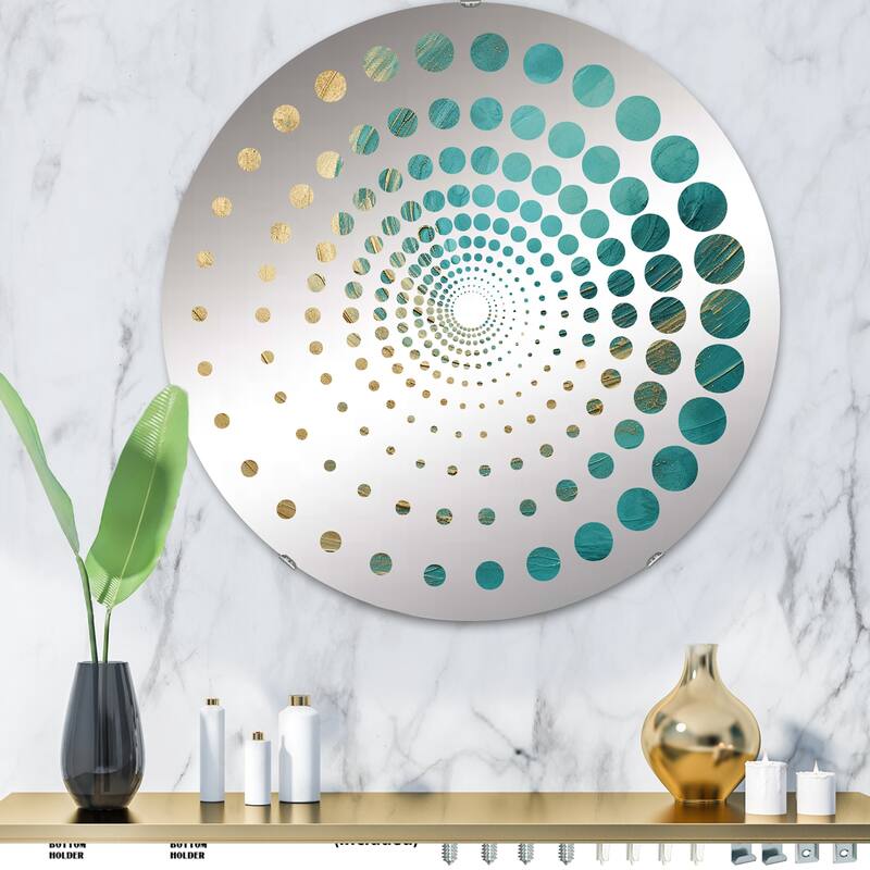 Designart "Gold Teal Oceans Alchemy Spiral I" Abstract Spirals Gold Wall Mirror - Modern Wall Art Mirror For Bathroom - 32in.x32in.