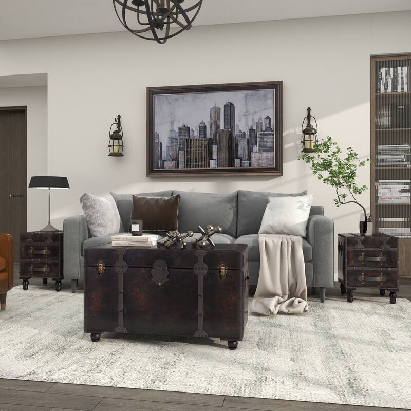 Brown Wood Vintage Faux Leather 4 Drawer Bench with Faux Leather Straps