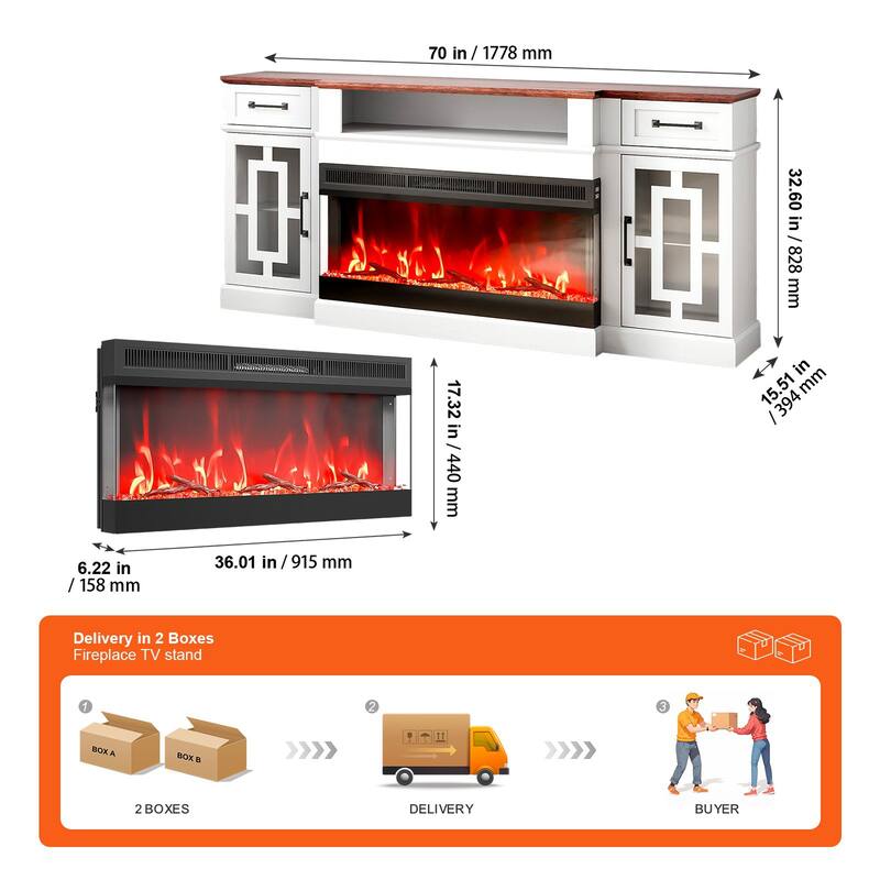 80 Inch Fireplace TV Stand with LED Lights Remote Control and Timer - 70 x 15.51 x 32.60 in