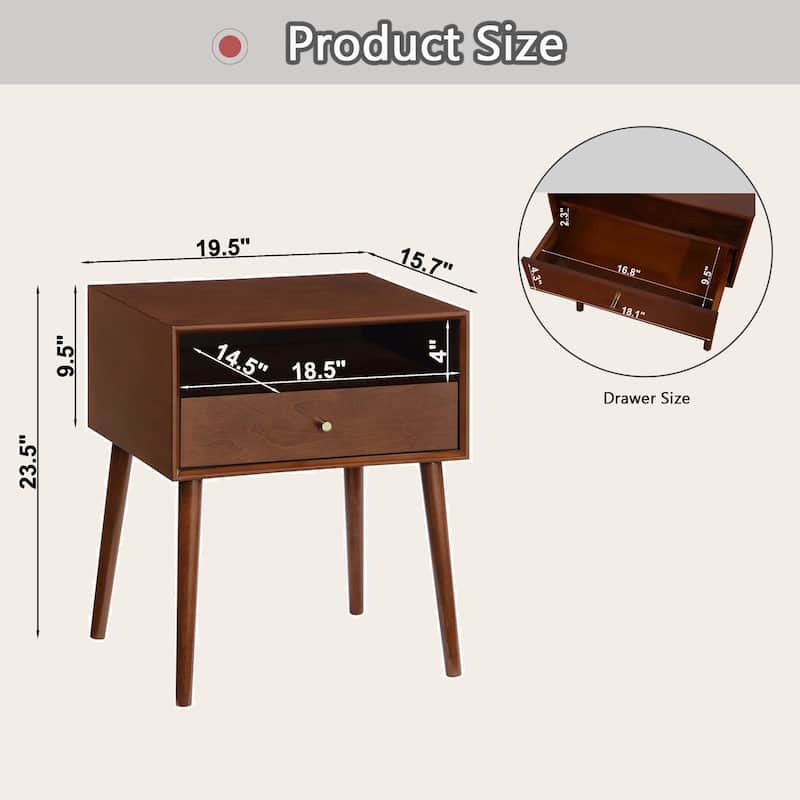 Night Stand with Drawer,Modern Nightstand,Bedside Tables,Mid Century Nightstands with Open Storage Shelf