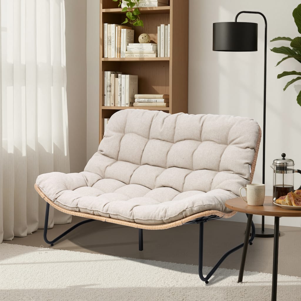 Double Papasan PE Rattan Chair Loveseat with Cushion For Indoor Outdoor