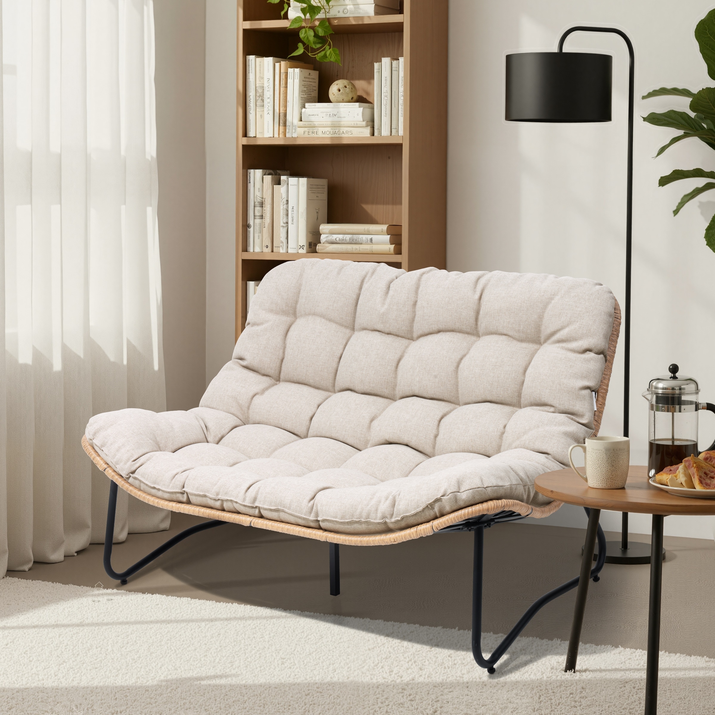 Double Papasan PE Rattan Chair Loveseat with Cushion For Indoor Outdoor