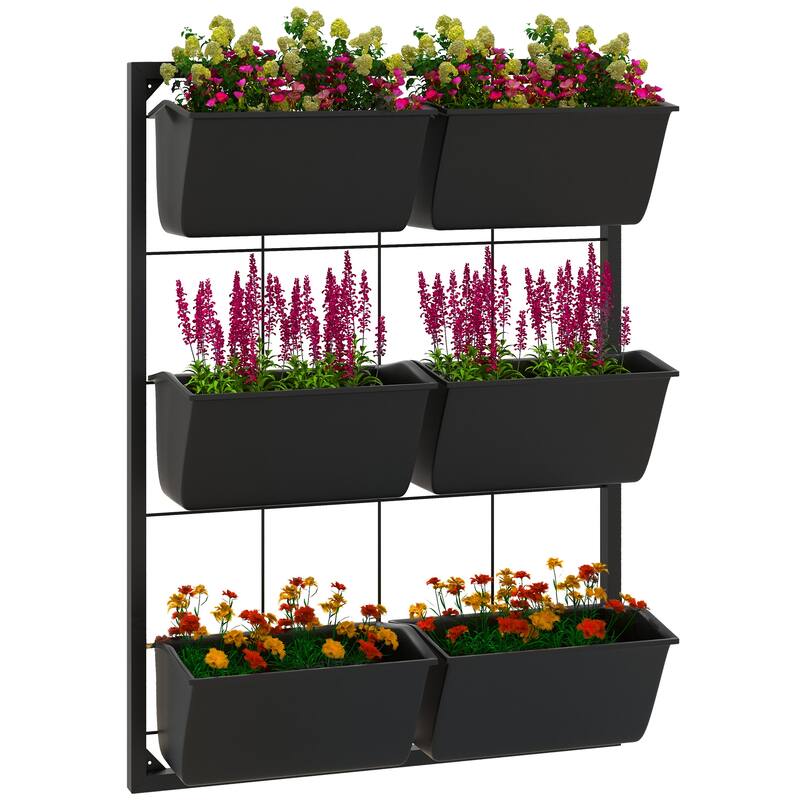 Outsunny 3-Tier Wall Planter with 6 Pots for Indoor and Outdoor Use, Hanging Plant Holder, Self Draining Wall Mounted Planter