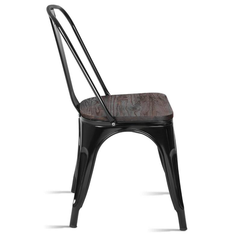 Set of 4 Stackable Metal Dining Chairs with 18-Inch Wood Seats - 17" x 21" x 33" (L x W x H)