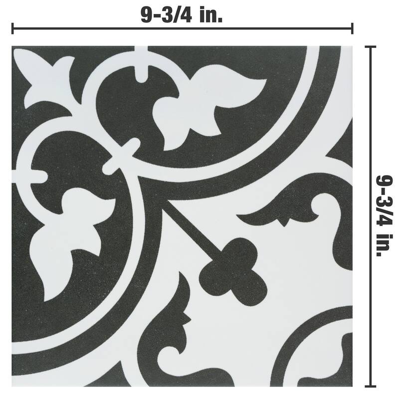Merola Tile Arte Clover Black 9-3/4" x 9-3/4" Porcelain Floor and Wall Tile