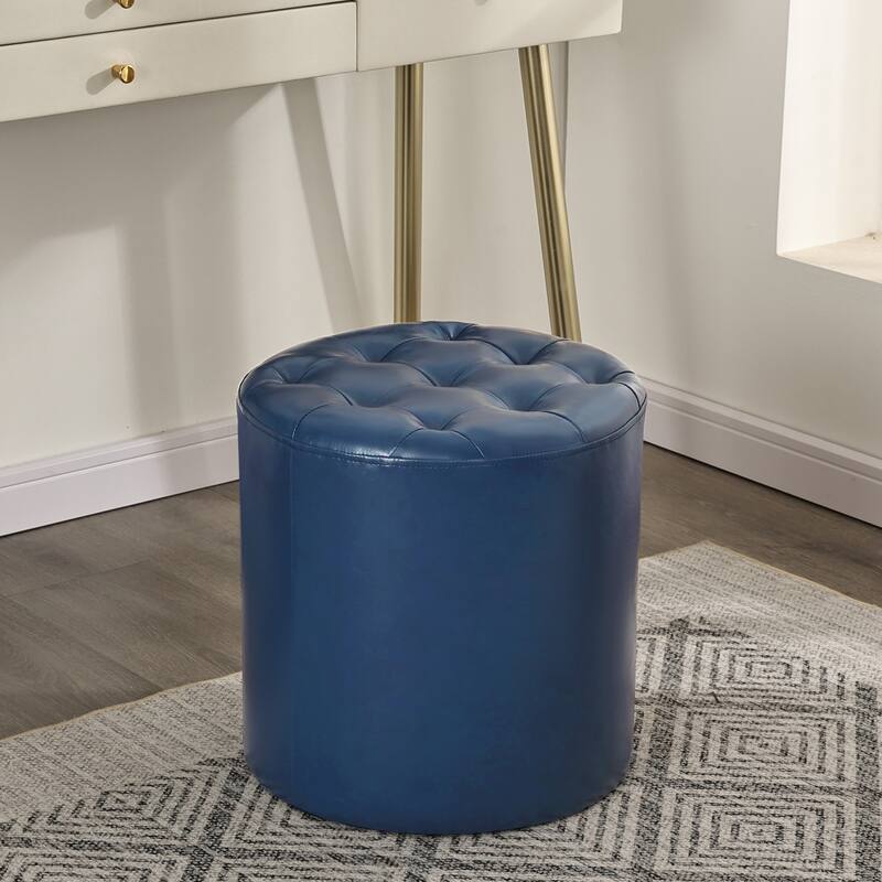 Adeco Round Ottoman Upholstered Tufted Faux Leather Footrest