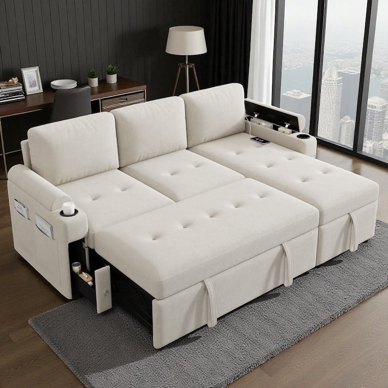 83.5" L-Shaped Convertible Sectional Sofa Bed with Storage Chaise Cup Holders USB Ports Chenille Couch for Living Room