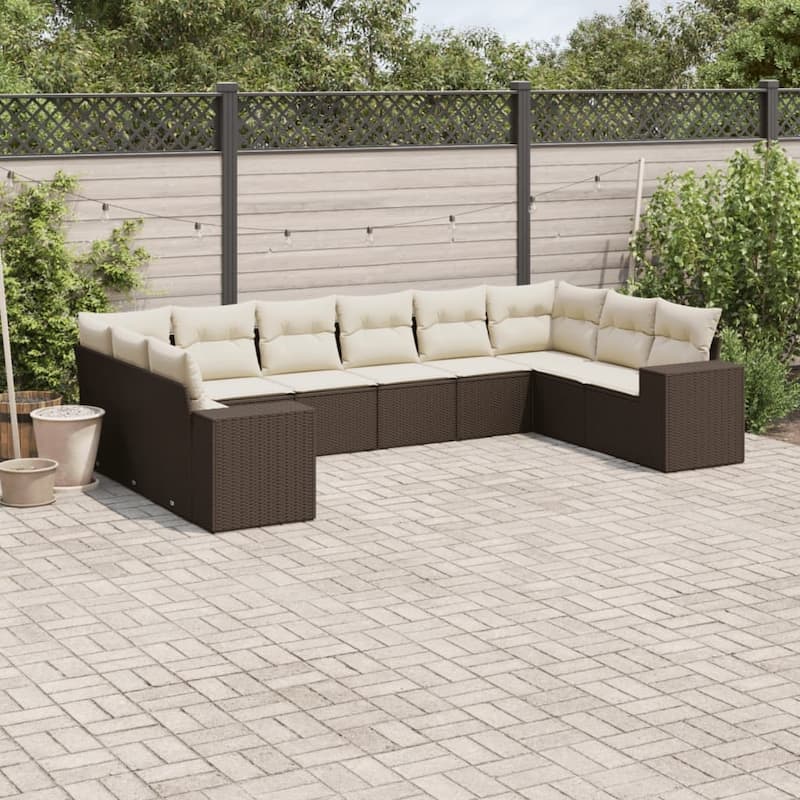vidaXL Patio Sofa Set with Cushions Outdoor Conversation Furniture Poly Rattan - Brown and cream 10pcs - 24.4 x 36.6 x 27.2