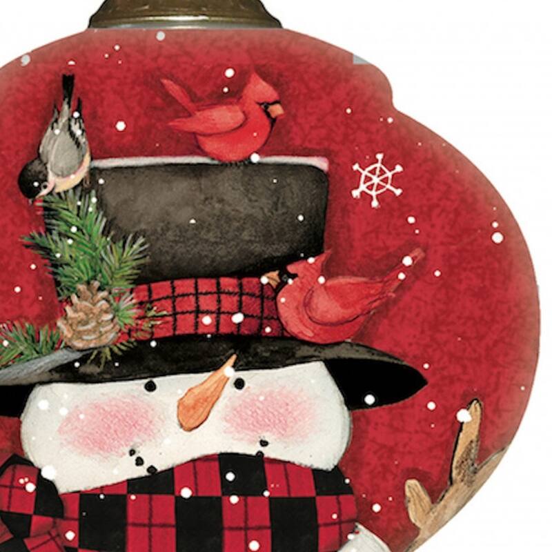 Plaid Snowman and Cardinals Hand Painted Mouth Blown Glass Ornament - 3.75" x 2.75" x 2.75"