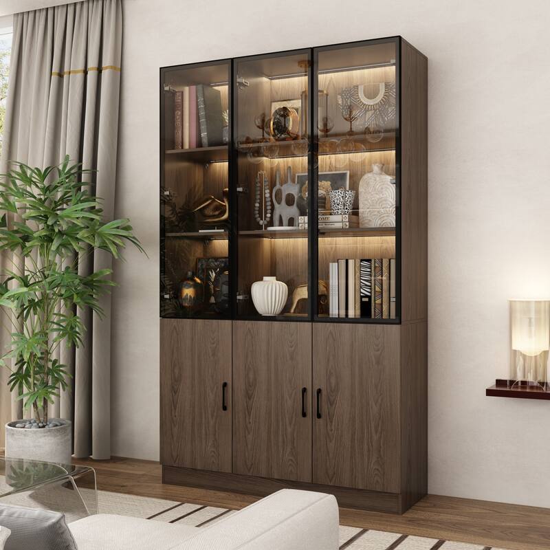 LED-Lit Wood Grain Cabinet - Configurable Storage for Home or Office