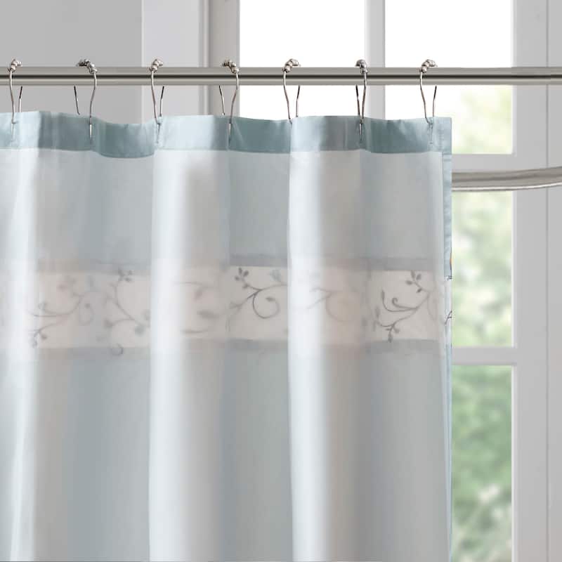 Red Faux Silk Embroidered Floral Shower Curtain