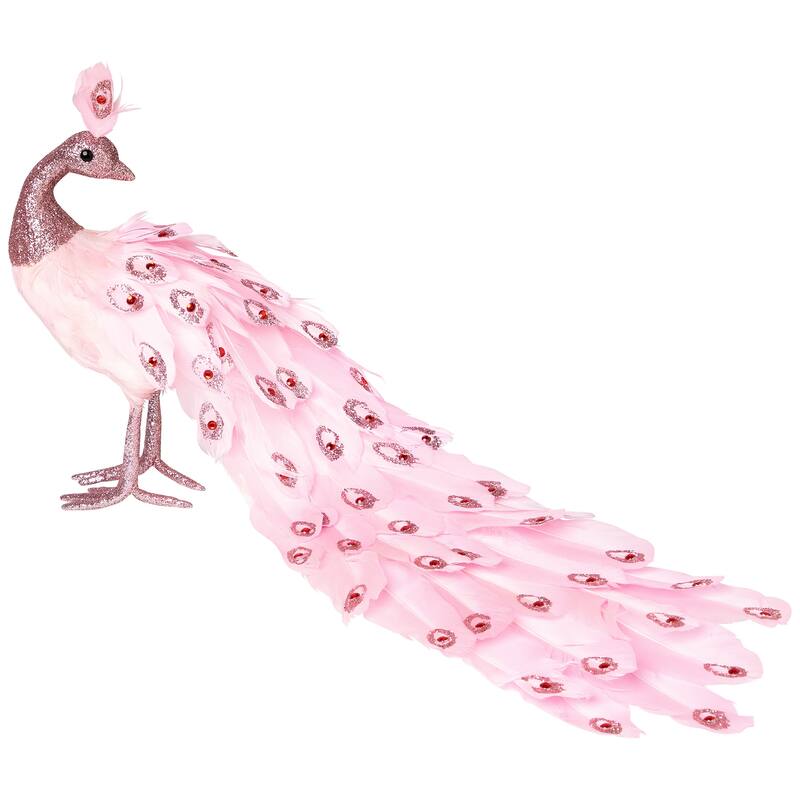 Peacock with Glitter and Faux Jewels Christmas Decoration - 20" - Light Pink