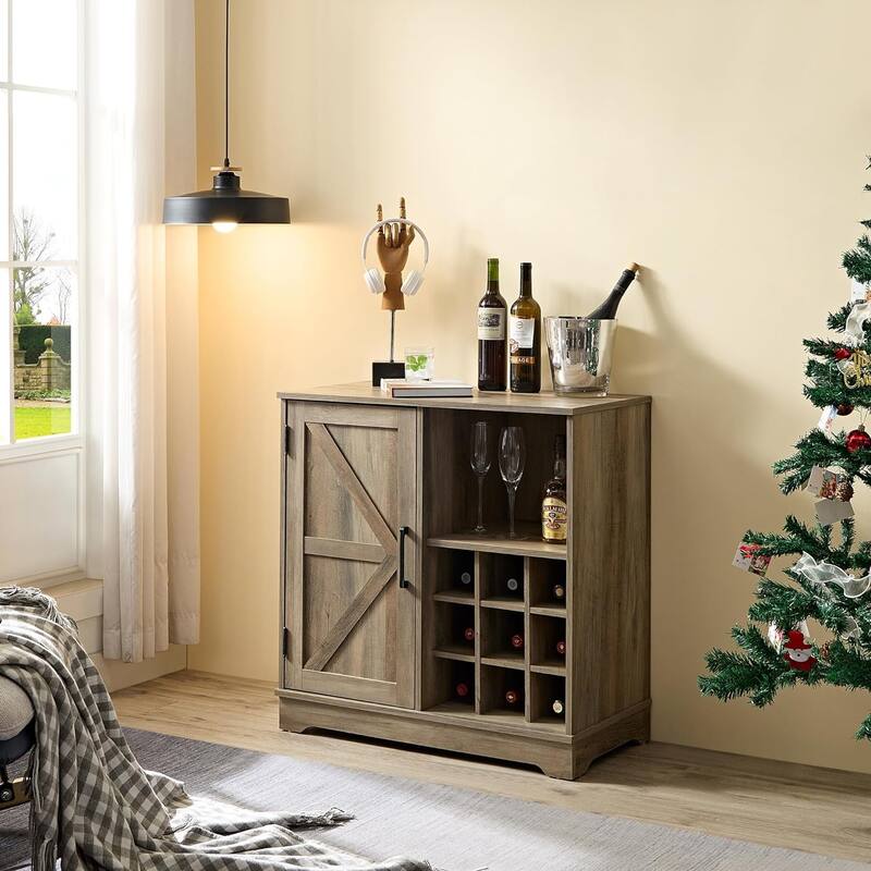 Roomfitters Farmhouse Coffee Bar Cabinet Bar Cabinet with Wine Rack Barn Door Buffet Sideboard Cabinet with Drawer