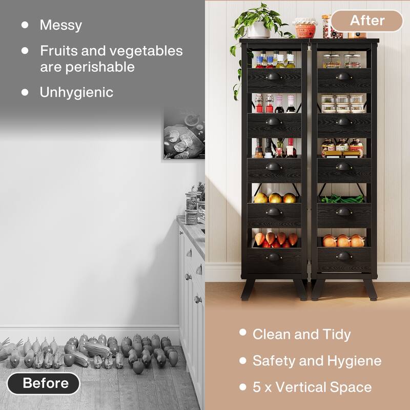 Wood Fruit and Vegetable Storage Rack, 5-Tier Kitchen Pantry Storage Cabinet