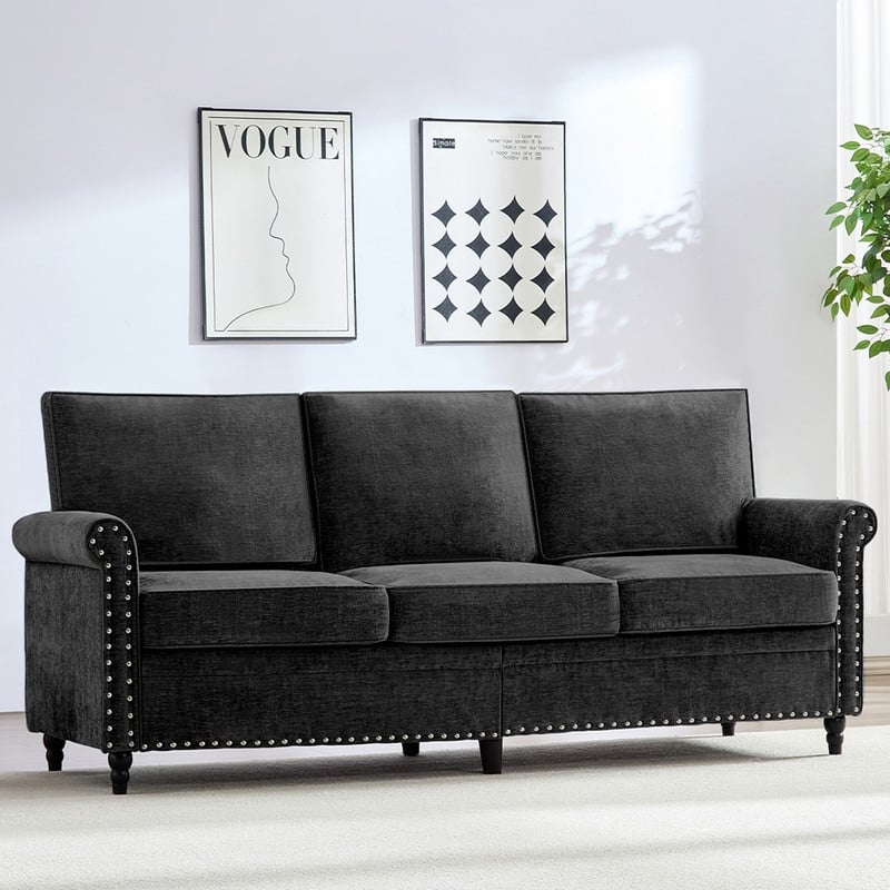 Mixoy Chenille Living Room Sofa,Modern 3-Seater Sofa Couch,Unique Riveted Look - 3-Seater Sofa - BLACK