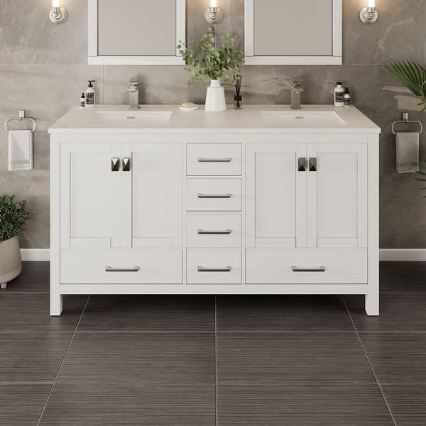 Eviva New York 60 in. W x 22 in. D x 34 in. H Bathroom Vanity in Gray with White Carrara Marble Vanity Top with White Sink