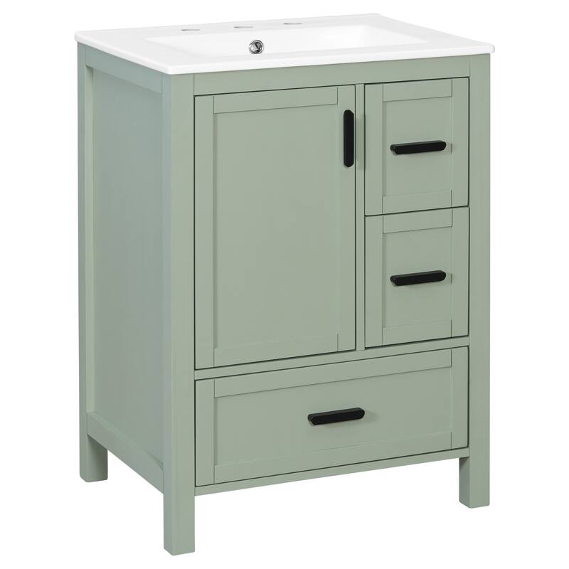 Solid Wood Frame Bathroom Vanity Cabinet with Ceramic Sink, Space-Saving 24-Inch Vanity