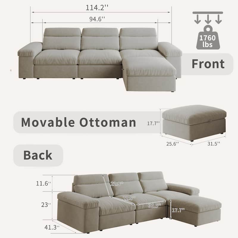 Down Filling Upholstered L-shaped Sectional Sofa with Storage Ottoman and Armrests, Chaise Modular Couch with Adjusted Backrest