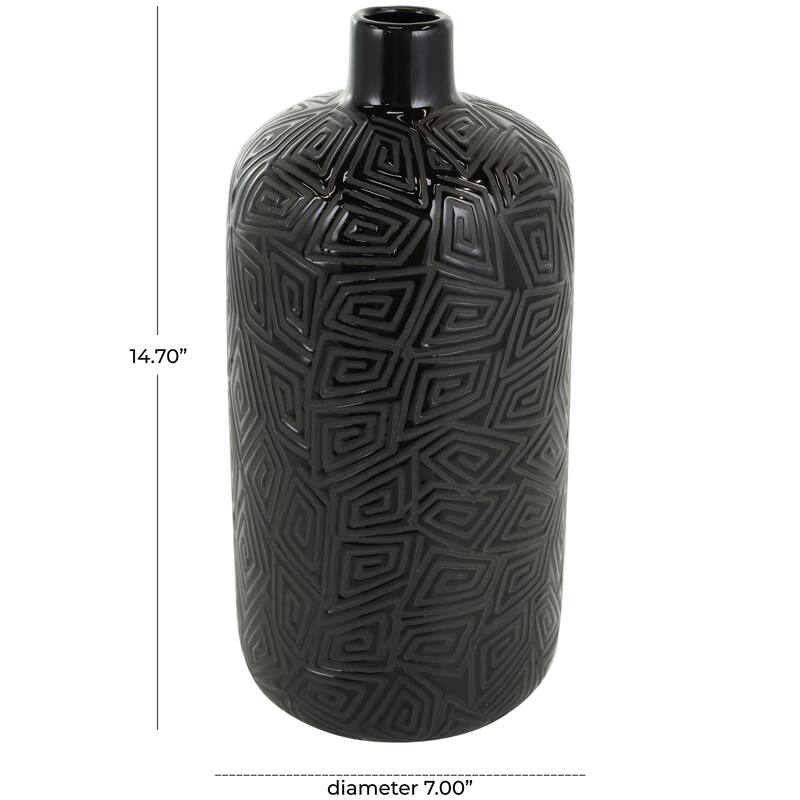 Black Ceramic Vase with Geometric Etchings