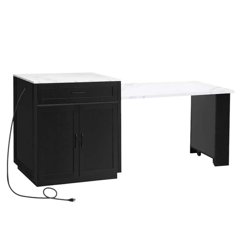 HomeRoots 55" Black And White Wood And Faux Marble Rolling Kitchen Island With Storage - 55.10 in. x 36.20 in. x 27.60 in.