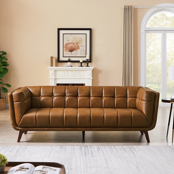 Kameron Mid Century Modern Tufted Genuine Leather Sofa in Cognac Tan