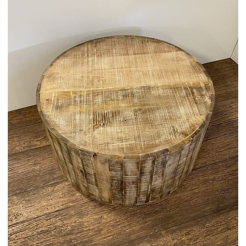 32" Solid Wood Round Distressed Drum Coffee Table for Living Room - 32” x 32” x 18”